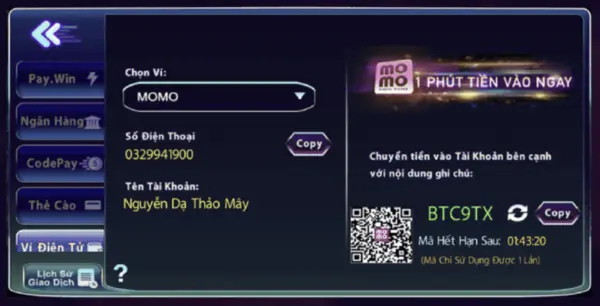Bấm tạo mã để lấy mã Qrcode nạp tiền