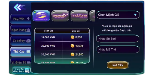 Nạp qua thẻ cào diện thoại